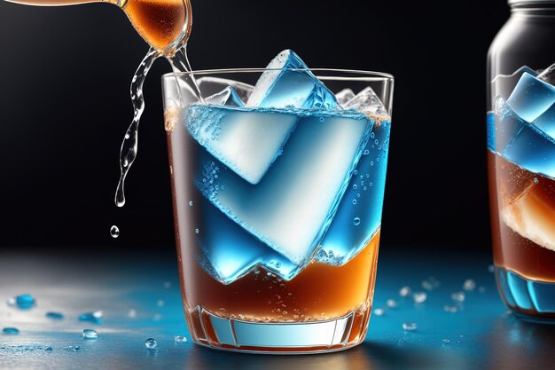 A glass of alcohol with a blue ice cube on it