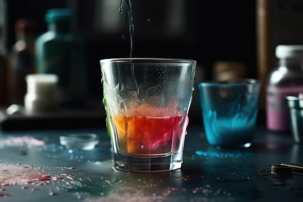 A glass of alcohol with a colorful liquid being poured into it.