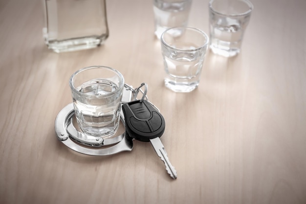 Glass of alcohol with handcuffs and car key on wooden table Don't drink and drive concept