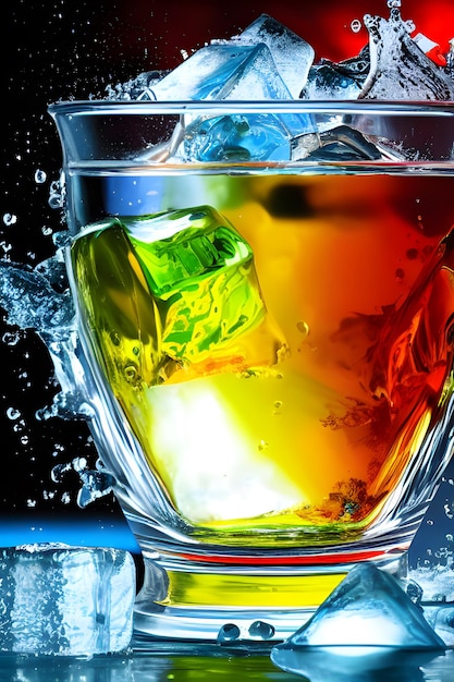 A glass of alcohol with ice cubes and a blue background