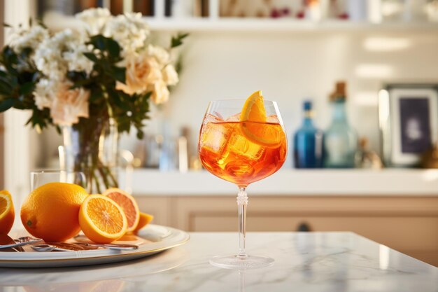 a glass of alcoholic cocktail with orange on a white table in light kitchen