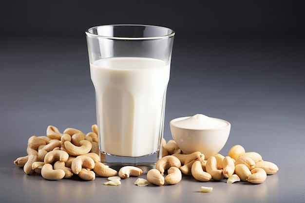 Photo a glass of almond milk next to a cup of almond milk