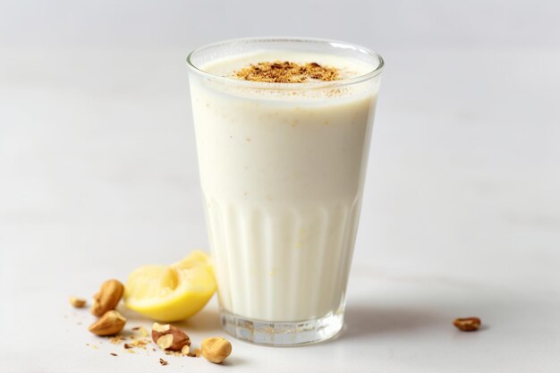 A glass of almond milk with a lemon on the side