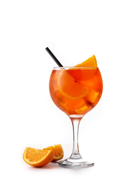 Glass of aperol spritz cocktail isolated on white background