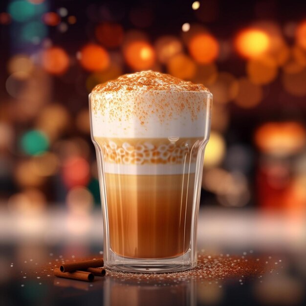 Photo a glass of appetizing spicy latte on a blurred background with 3d illustration