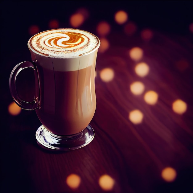 A glass of appetizing spicy latte on a festive blurred background with bokeh light effects 3D illustration Ai render