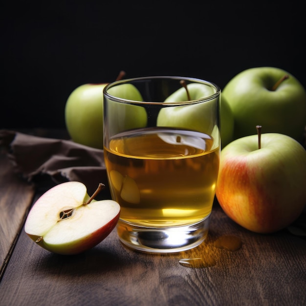 A glass of apple cider next to some apples