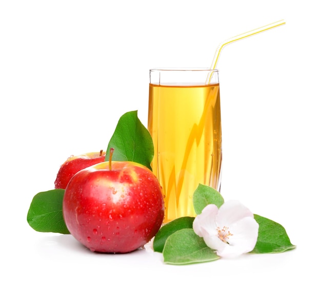 Glass of apple juice and apples isolated on white