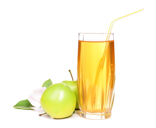 Glass of apple juice and apples isolated on white