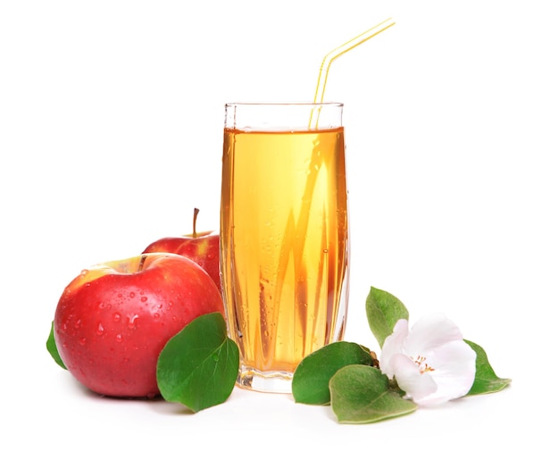 Glass of apple juice and apples isolated on white