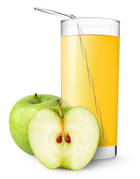 Glass of apple juice and cur green apples isolated on white background