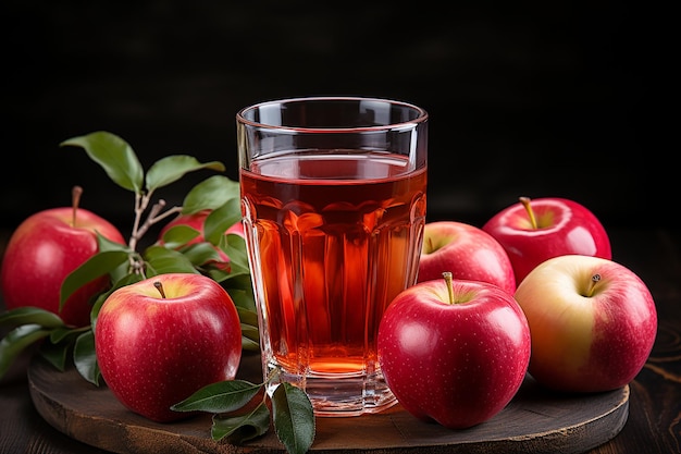 Склянка яблочного сока в окружении красных яблок
