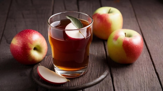 Photo glass of apple juice tea cyder with leaf
