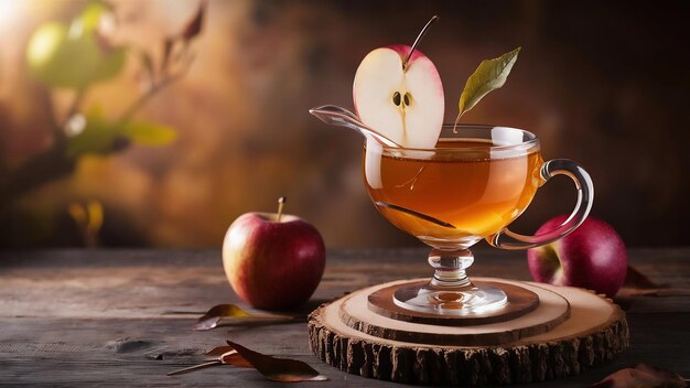 Photo glass of apple juice tea cyder with leaf