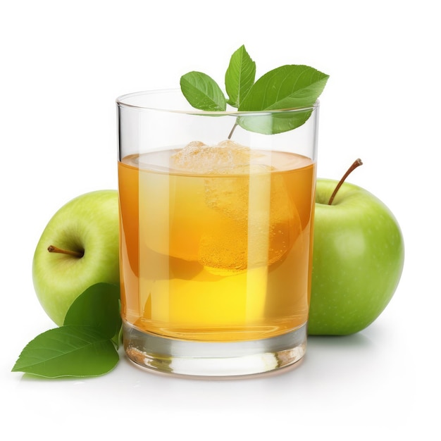 A glass of apple juice with green apples on the side.