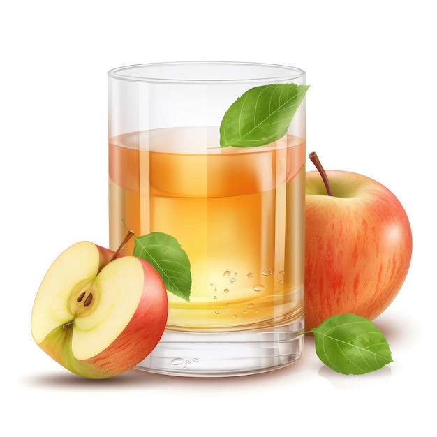 A glass of apple juice with green leaves and a half full glass of apple juice.