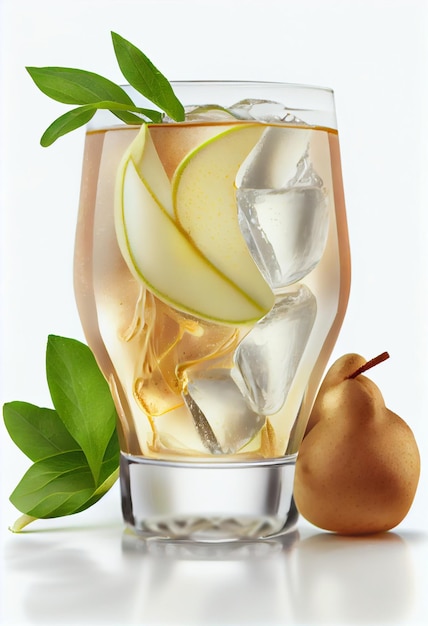 A glass of apple juice with a pear and mint on it