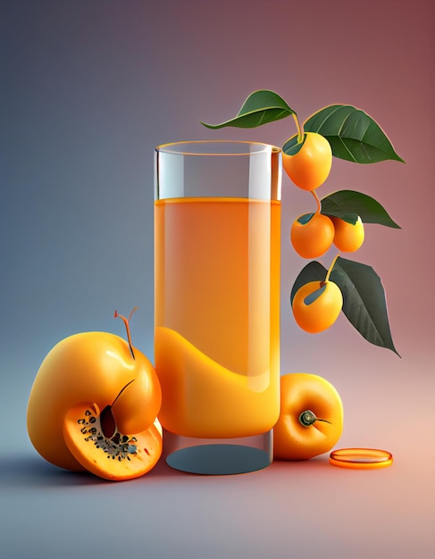 A glass of apricot juice with a bunch of fruit on the right.