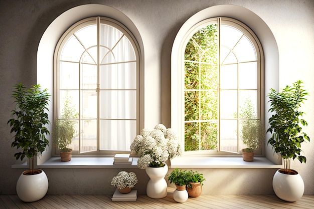 Glass arched windows with flower pots on wall in house interior