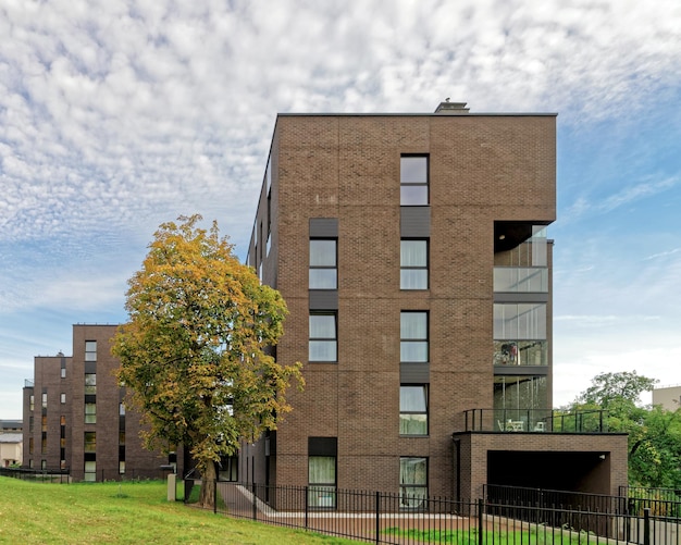 Glass architecture of Garage and modern apartment building. And outdoor facilities.