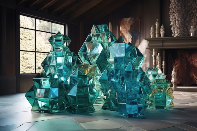 Glass art installation with geometric forms created with generative ai