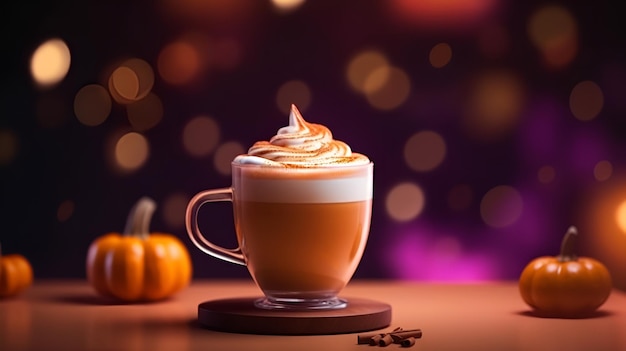 Glass of autumn spicy pumpkin latte with whipped cream and cinnamon over blurred background with bokeh lights Creamy coffee with pumpkin and spices on dark background copy space Generative AI