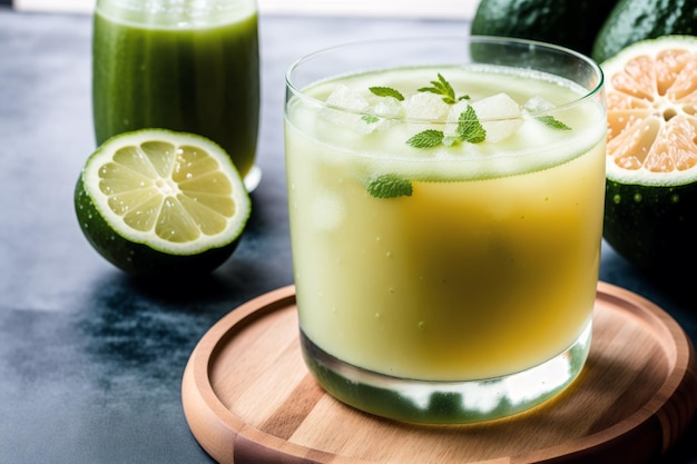 A glass of avocado juice with a lime wedge on the side.