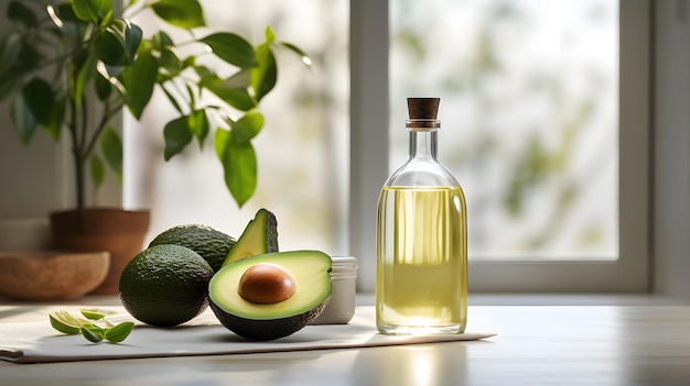 Glass avocado oil on the table in the white kitchen long shadows Generative AI