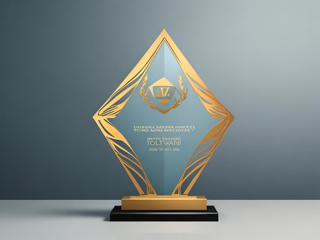 Glass award trophy setTransparent prize template with golden palm branch Winner first place concept