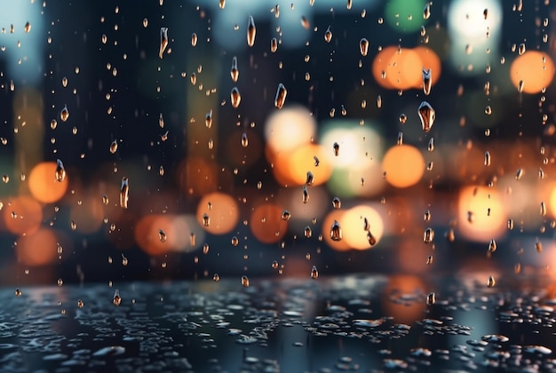 Glass background with raindrops and street lights at night generative ai