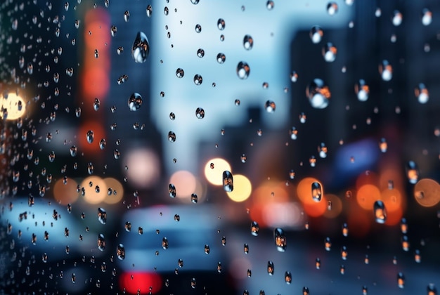 Glass background with raindrops and street lights at night generative ai