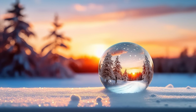 Glass ball on the background of a beautiful winter landscape