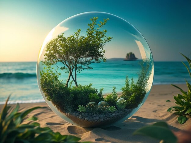 Glass ball in beach sea and plants in between