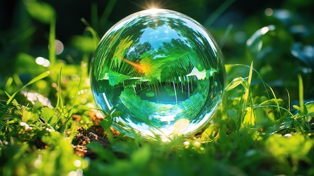 стеклянный шар-пузырь с отражением мира, символизирующий экологический кризис