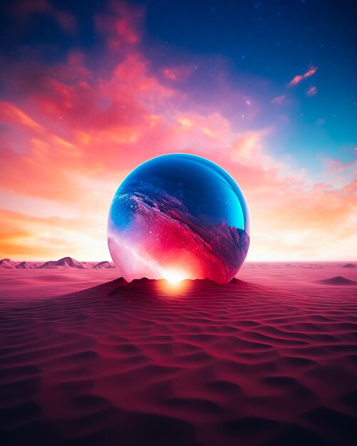 Photo a glass ball in the desert on the edge of the horizon