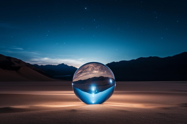 a glass ball in the desert at night