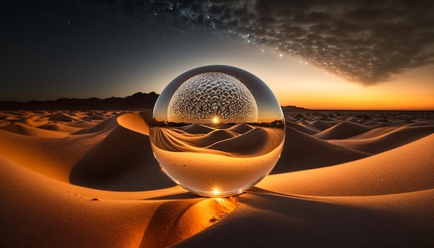 A glass ball in the desert with the sun setting behind it.
