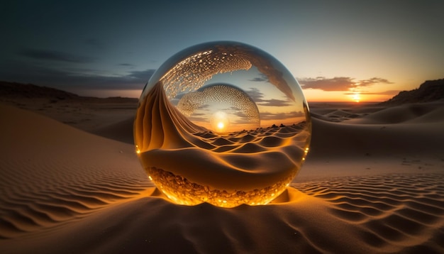 A glass ball in the desert with the sun setting behind it.