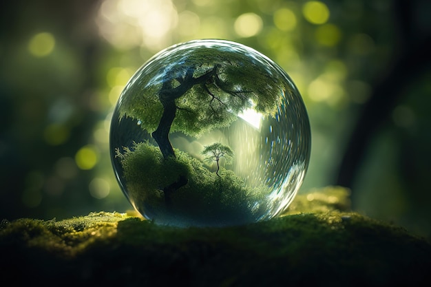 a glass ball enclosing a tree inside its interior