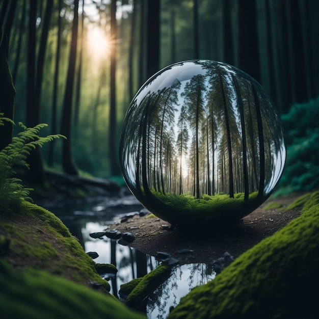 a glass ball in the forest with a forest in the background