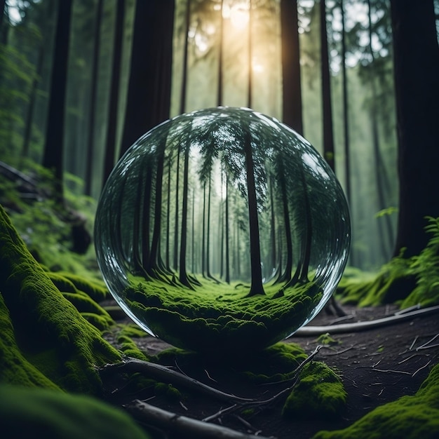 a glass ball in the forest with a forest in the background