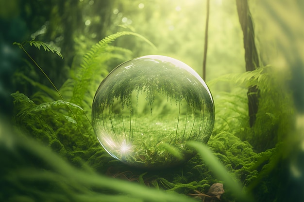 A glass ball in the forest with the sun shining on it.