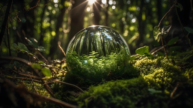 Photo a glass ball in the forest with the sun shining through it