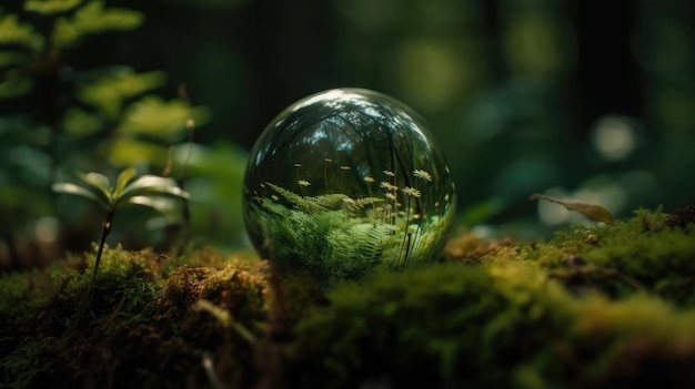 A glass ball in the forest with the word magic on it