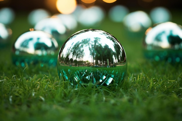Стеклянный шар на зеленой траве с размытым фоном боке