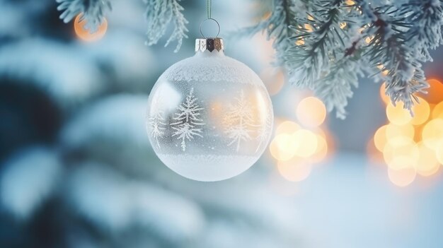 A glass ball hangs on a Christmas tree New Year concept Festive time Generative AI