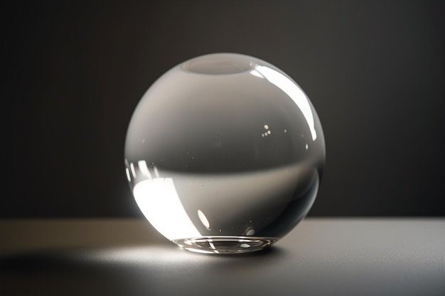 A glass ball is sitting on a table with the light shining on it.