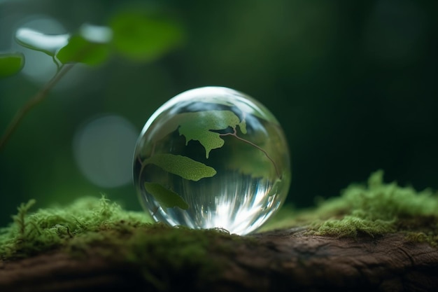 A glass ball on a mossy branch with a leaf on it