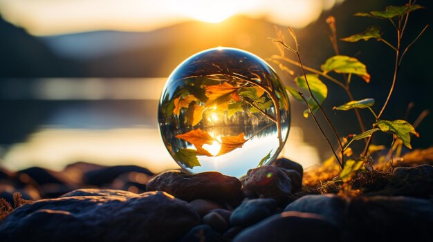 Glass ball in nature by the lake