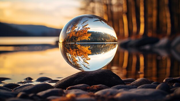 Glass ball in nature by the lake